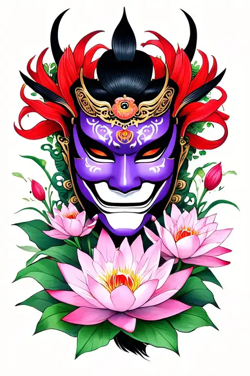 purple hannya mask surrounded by red spider lilies and pink lotus flowers  tattoo design idea