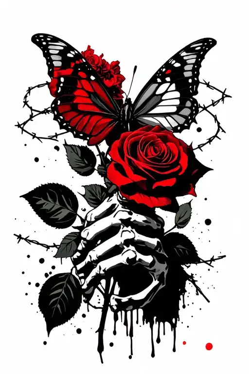 butterfly resting on rose, rose being held by skeleton hand, wrapped in barbed wire tattoo design idea