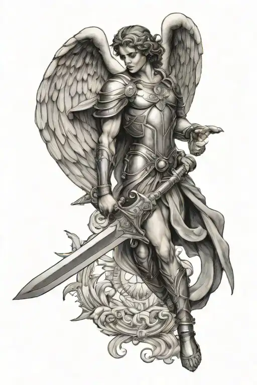 archangel holding sword with wings tattoo design idea