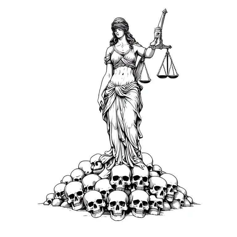 Lady Justice standing triumphantly on top of a pile of skulls, blindfolded, holding scales and a sword, dark tattoo styl tattoo design idea