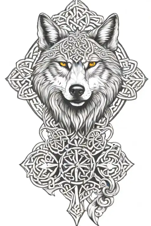Wolf and Celtic pattern and orthodox cross tattoo design idea