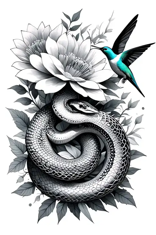 geometric flowers with a snake and hummingbird  tattoo design idea