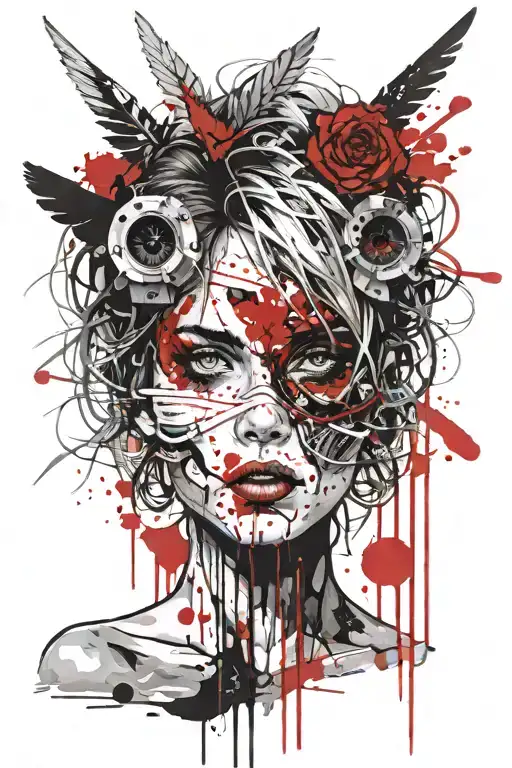 a melancholic girl, bleeding from the eyes, white eyes, messy hair, eerie but empowering tattoo design idea
