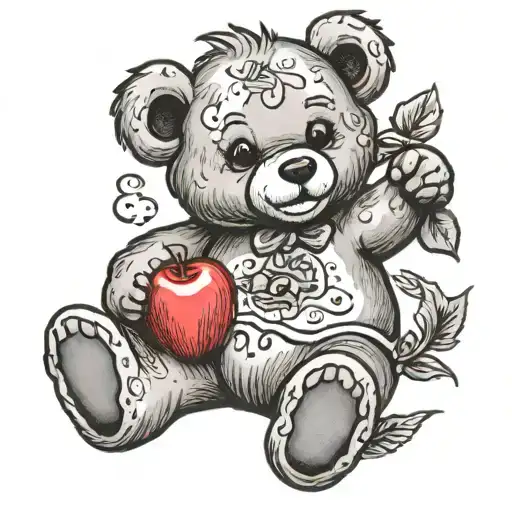 Grey teddy bear holding apple tattoo design idea