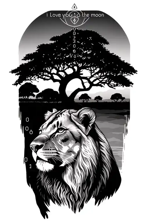 lioness looking right with sacred geometry. Acacia tree with sunset behind it, Morse code saying 'I love you to the moon tattoo design idea