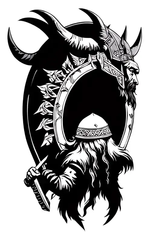 Vikings in front of the frame of Nordic mythology tattoo design idea