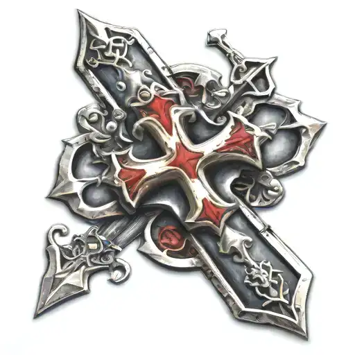 Templar Cross tattoo with a black spade in the center with a pair of dogtags draped tattoo design idea