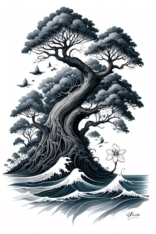 tim burton style trees, waves, and flowers tattoo design idea
