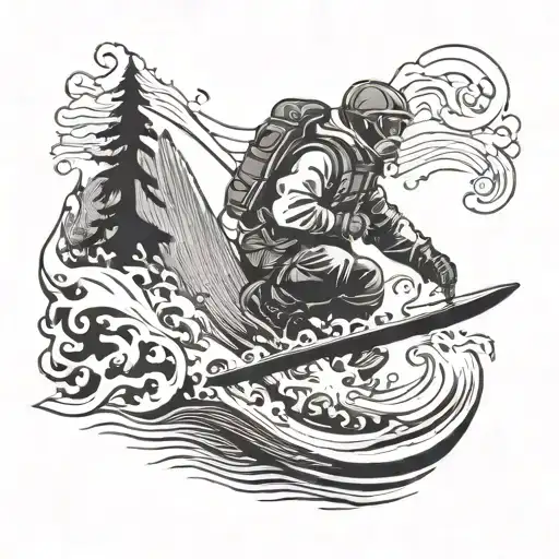 A downhill skier riding a wave of books with a mini schnauzer in tow tattoo design idea