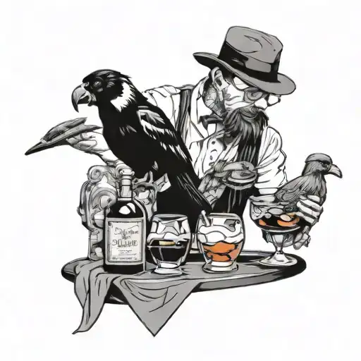 A bartender mixing drinks with a magpie and mini schnauzer as customers tattoo design idea