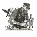 A bartender mixing drinks with a magpie and mini schnauzer as customers tattoo design idea