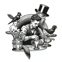 A bartender mixing drinks with a magpie and mini schnauzer as customers tattoo design idea