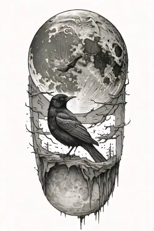 realistic moon and blackbird , industrial elements tattoo design idea