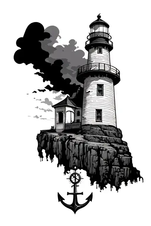 lighthouse on a big cliff with an anchor, compass tattoo design idea