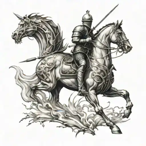 Knight with sword on a horse galloping away from dragon attacking a mill  tattoo design idea