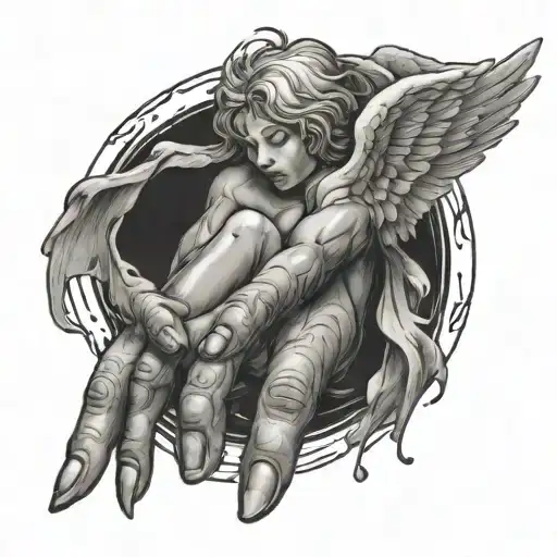 Crying Angel hand covering a hole surrounded tattoo design idea
