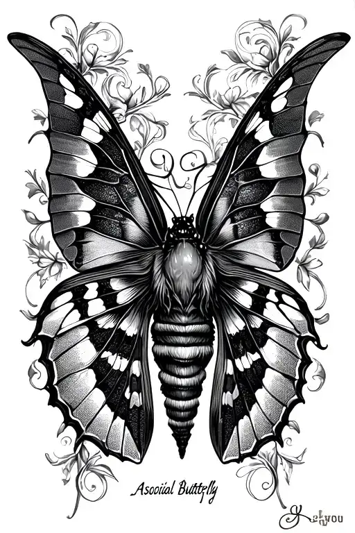 traditional death head moth with "asocial butterfly" is script cursive tattoo design idea
