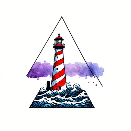 lighthouse with red and white horizontal stripes, waves, watercolour splashes, purple & blue. fit base into triangle tattoo design idea