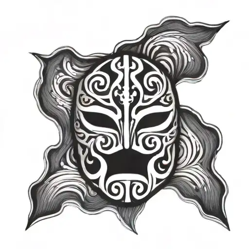 A lucha libre mask intertwined with ocean waves, symbolizing strength and fluidity tattoo design idea
