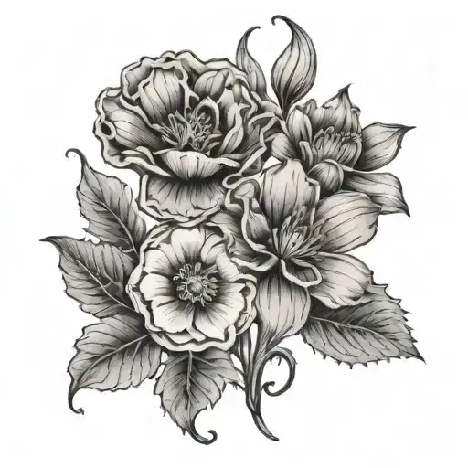 poppy, gladiolus, pink lady slipper, and dahlia flowers tattoo design idea
