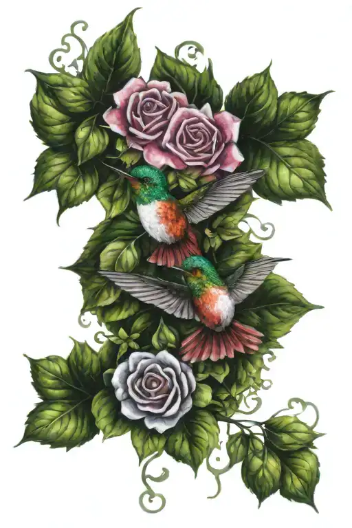 ROSES WITH IVY SMALL HUMMINGBIRD Watercolor Bird tattoo design idea