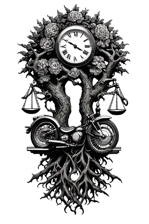 gothic tree of life intertwined with harley motor, libra scales and a clock tattoo design idea