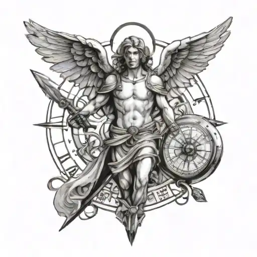 an angel holding a sword in each hand while having a compass above his head tattoo design idea