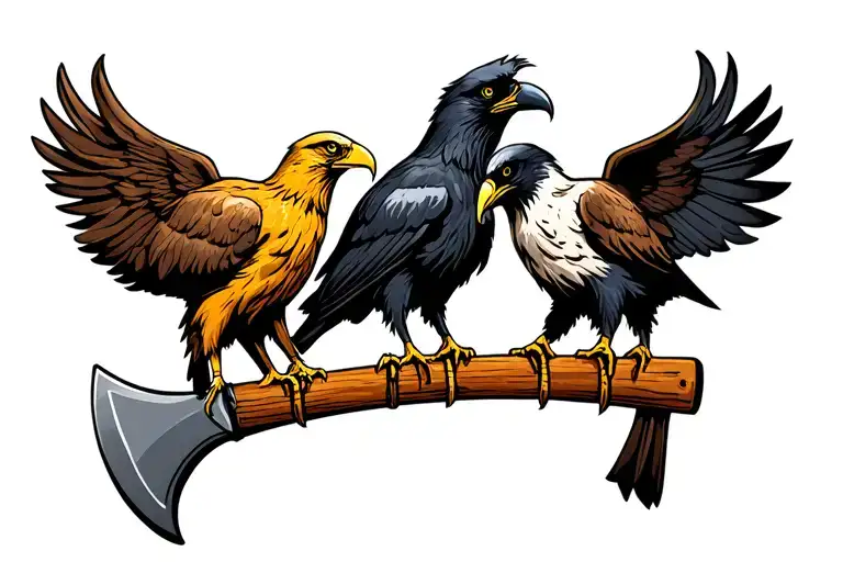 three birds sitting on viking axe. Birds are golden eagle, bald eagle, raven. Nordic tattoo design idea
