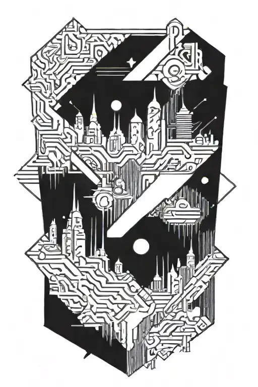 geometric sci fi cityscape inspired tattoo design idea