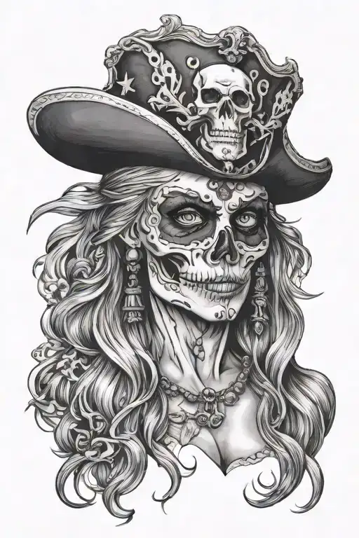 lady pirate skull with eye patch  tattoo design idea