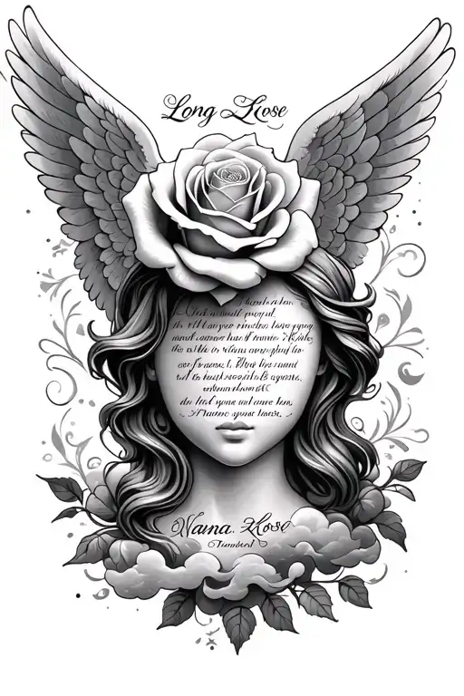 i want a rose head with angel wings with clouds and it saying long live nana rose with bible verse through it tattoo design idea