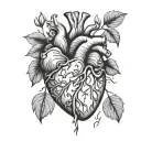 Neo traditional anatomical heart that is made of stone but is falling apart as plants are growing within tattoo design idea