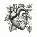 Neo traditional anatomical heart that is made of stone but is falling apart as plants are growing within tattoo design idea