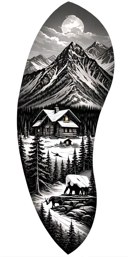 A detailed mountain landscape with a nestled cabin and a hidden hunting scene incorporated within the design tattoo design idea