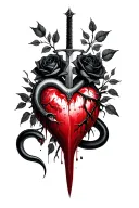 A dagger piercing a realistic bleeding heart ensnared by black roses with thorns. Add a black mamba snake tattoo design idea