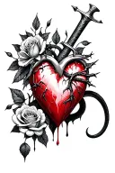 A dagger piercing a realistic bleeding heart ensnared by black roses with thorns. Add a black mamba snake tattoo design idea