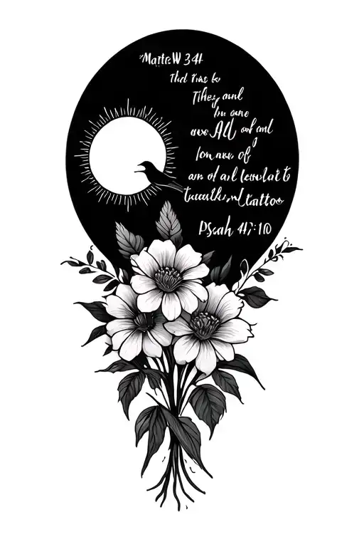 BIBLE VERSES, MATTHEW 6:34, PSALM 23:4, ISAIAH 41:10, FLOWERS, SUN, WATER, BIRDS tattoo design idea