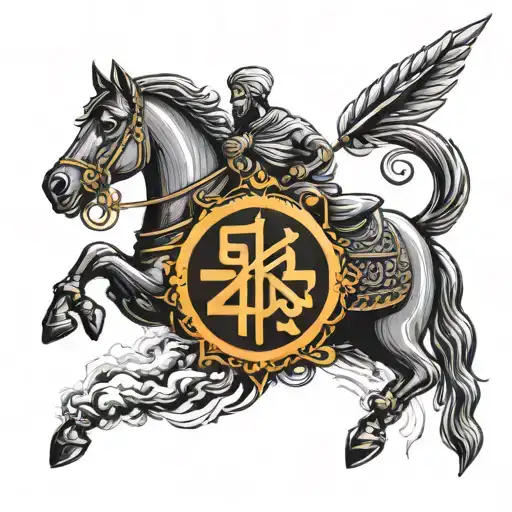 Create a tattoo using the Punjabi qoute "Nirbhau Nirvair" and combine it with a warrior symbol. Arrange both the element tattoo design idea