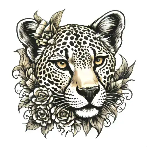 Egyptian style flowers surrounding cheetah face tattoo design idea