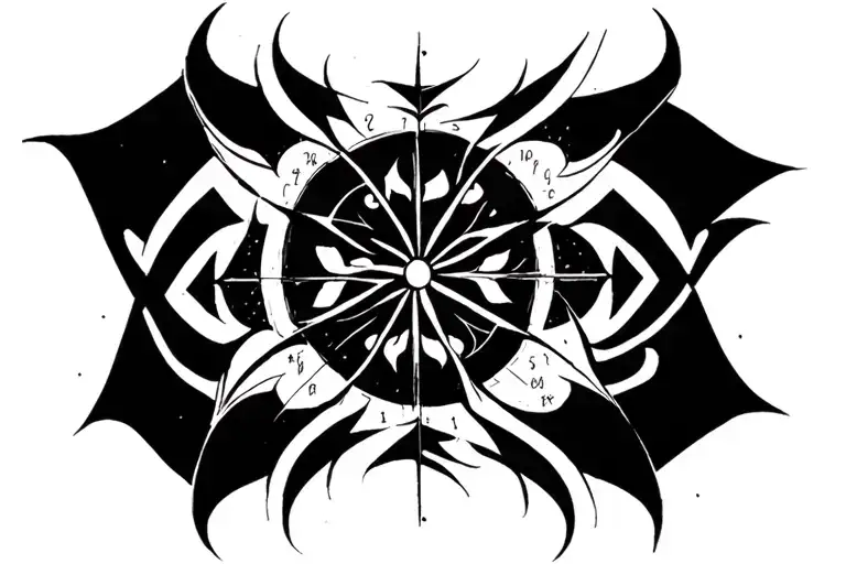 Design a black ink tattoo for the inner forearm and wrist that integrates personal numerology and astrology. The centerp tattoo design idea