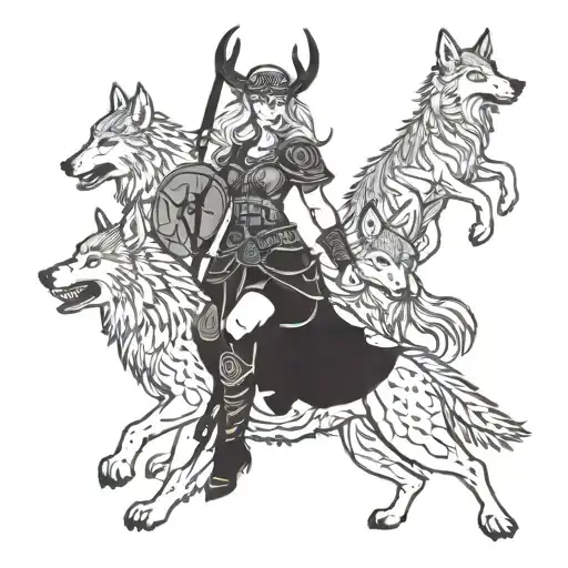 Nordic warrior valkyrie with a pack of wolves in a mystical forest tattoo design idea
