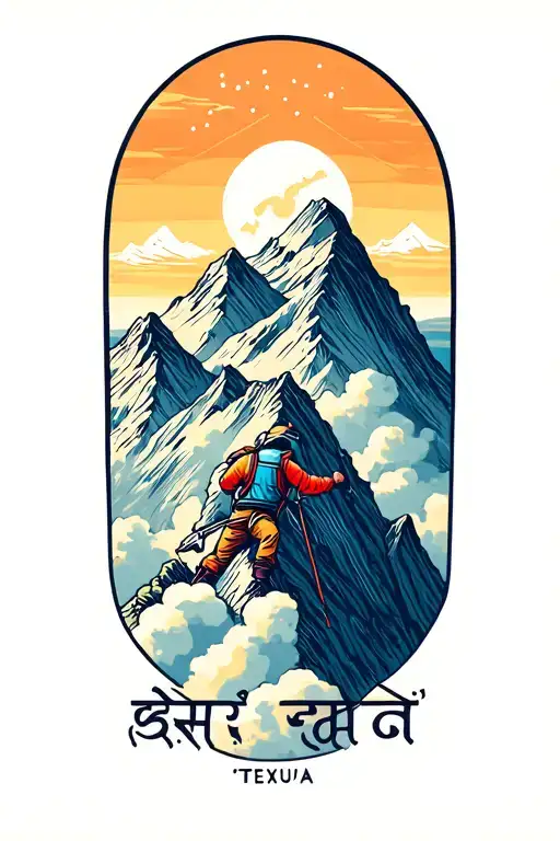 "करुणा" mountain and moon above clouds. small climber reaching the summit tattoo design idea