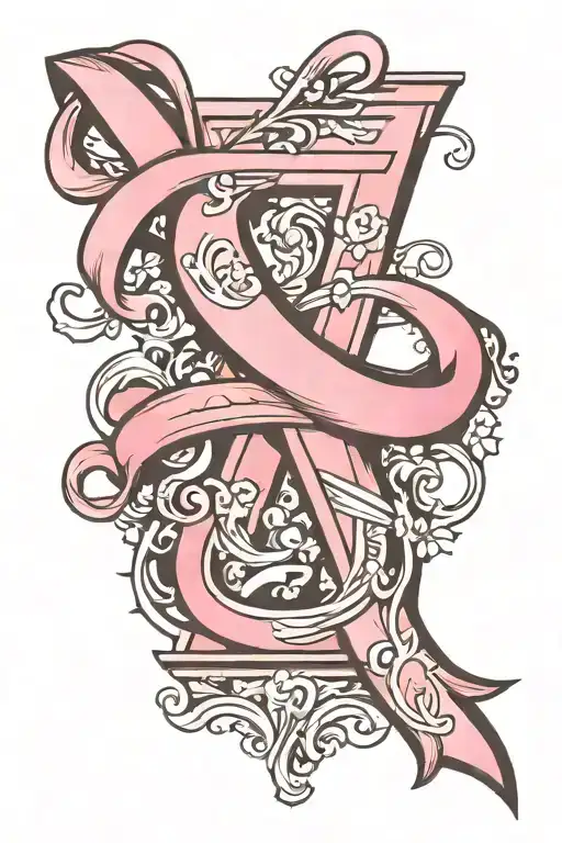 pink ribbon and letter E tattoo design idea