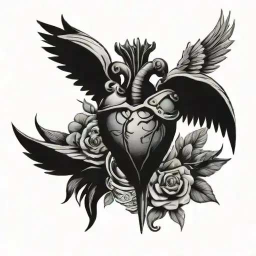 human heart dagger death wing tattoo design idea