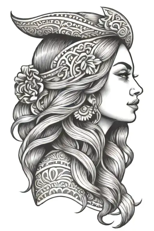 Mexican lady head with long hair tattoo design idea