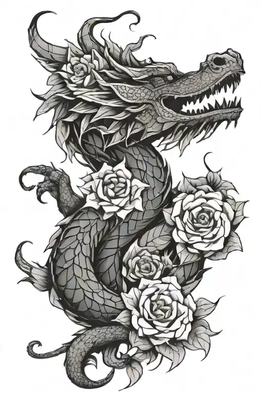 dragon with flowers tattoo design idea