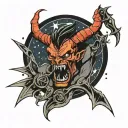 black fighter angry in night sky with devil horns tattoo design idea