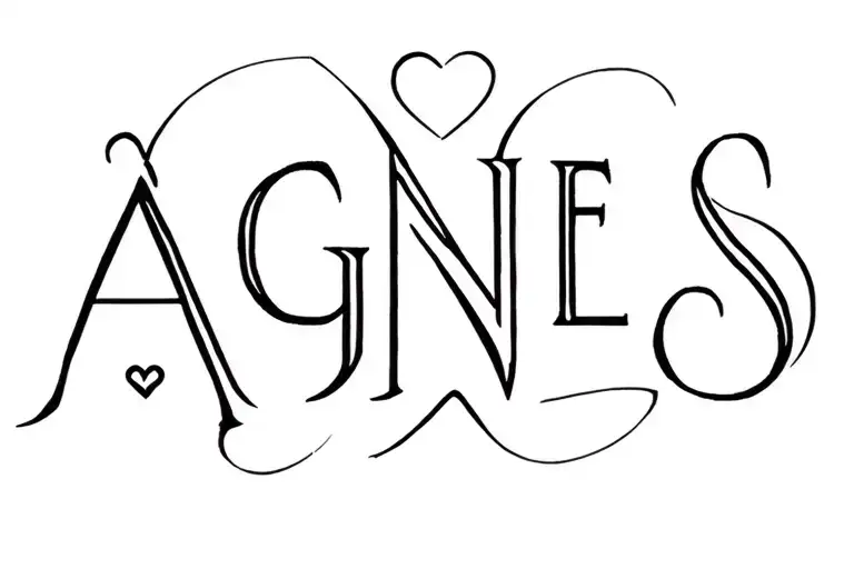 name AGNES with 3 harts and a par of sissors tattoo design idea