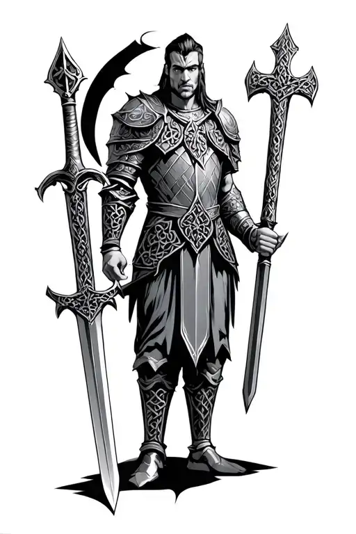 Celtic knight with claymore sword standing proudly tattoo design idea