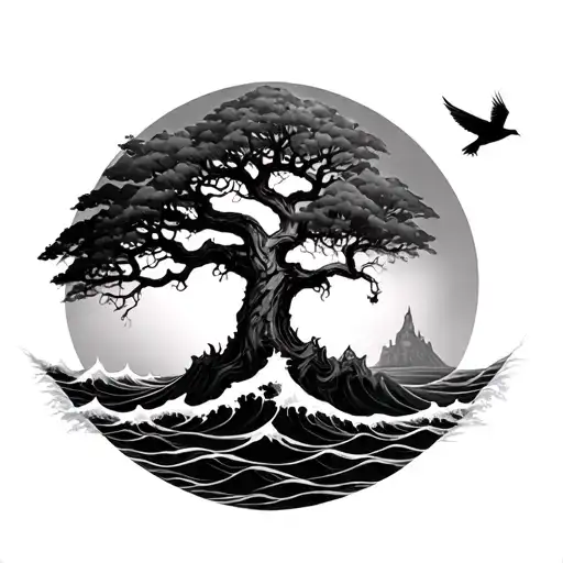 poison tree with a wave and a bird flying away tattoo design idea